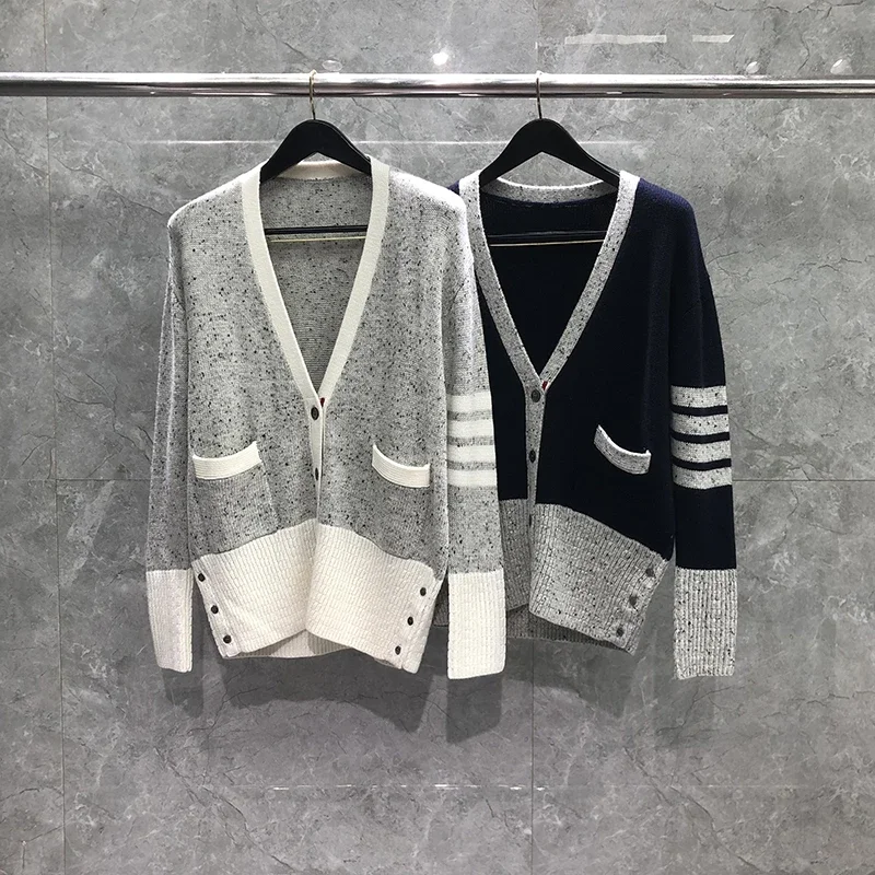 

TB THOM Women's Sweaters Harajuku Mixed Color Knit Tops Classic Stripes Sesame Dots V-neck Cardigans Casual Hot Sale Sweaters