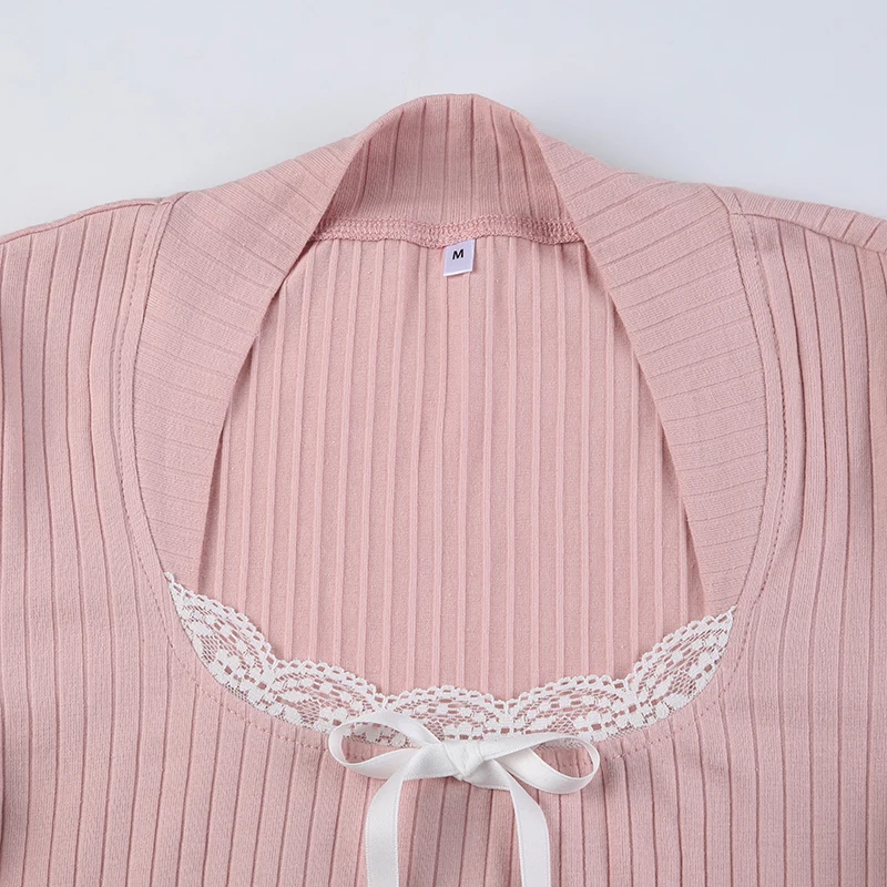 Japanese Kawaii Sweet Pink Knitted Ribbed Tee Contrast Lace Tie Bow Square Collar Long Sleeve Basic Spring Autumn T Shirt Women