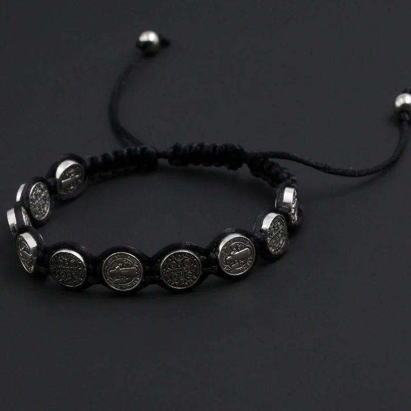 Braided Bracelet Handmade St. Benedict Medal Braided Rosary Coin Beaded Cross Bracelet