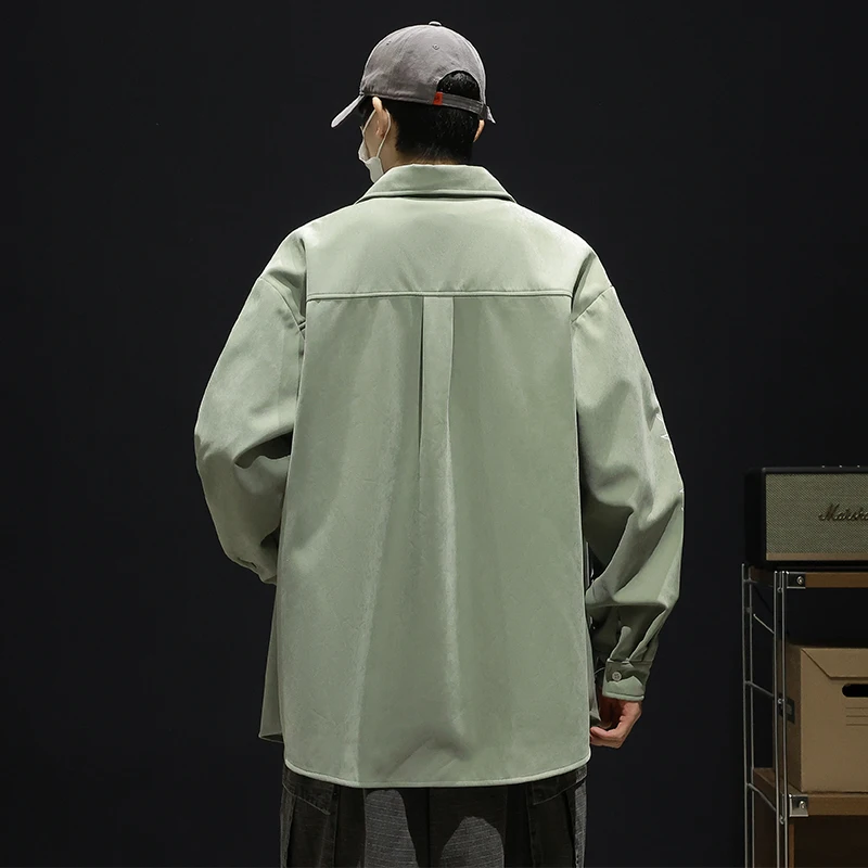 Solid Trendy Casual Length Sleeve ButtonTurn Down Collar Shirt Embroidery Pocket Blouse Student Style Streetwear Black Green
