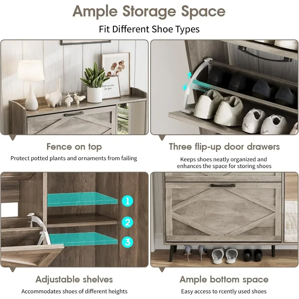 Freestanding Shoe Organizer with 5 Wooden Legs, Slim Shoes Rack Cabinet, Shoe Storage Cabinet with 3 Flip Drawers & Mirror 5