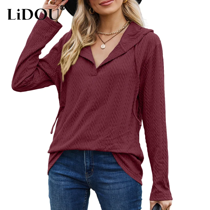 2023 Spring Autumn Solid Color Hooded Drawstring Long Sleeve Sweatshirts Women Casual Loose Jacquard Weave All-match Pullovers