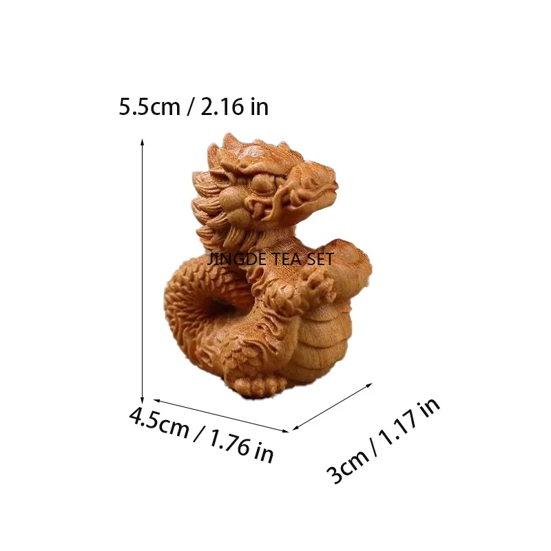 Natural wooden small dragon statue hand carved solid wood cute home mini feng shui decoration