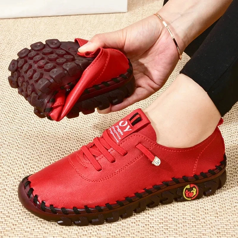 Women Sneakers Women Large Size 35-43 Yard PU Leather Sports Shoes Running Shoes Flat Bottom Elastic Straps