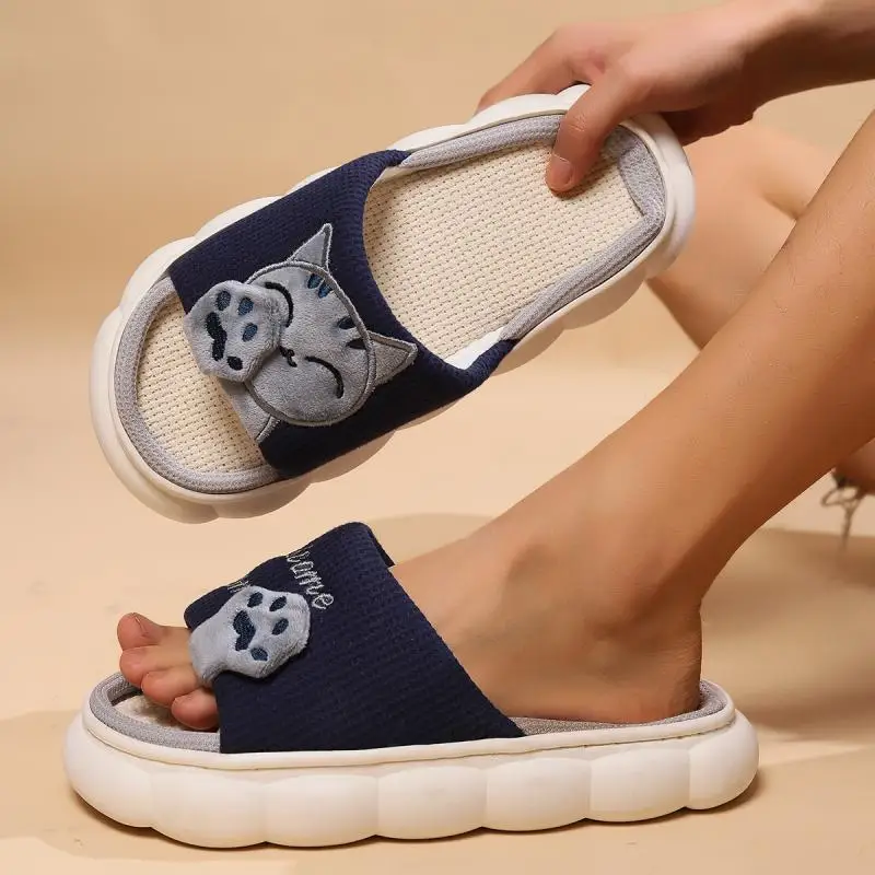 Linen Casual Slippers Women House Platform Cute Cartoon Cat Designer Shoes Girls Flat Fashion Elegant Footwear Indoor Large Size — view 3