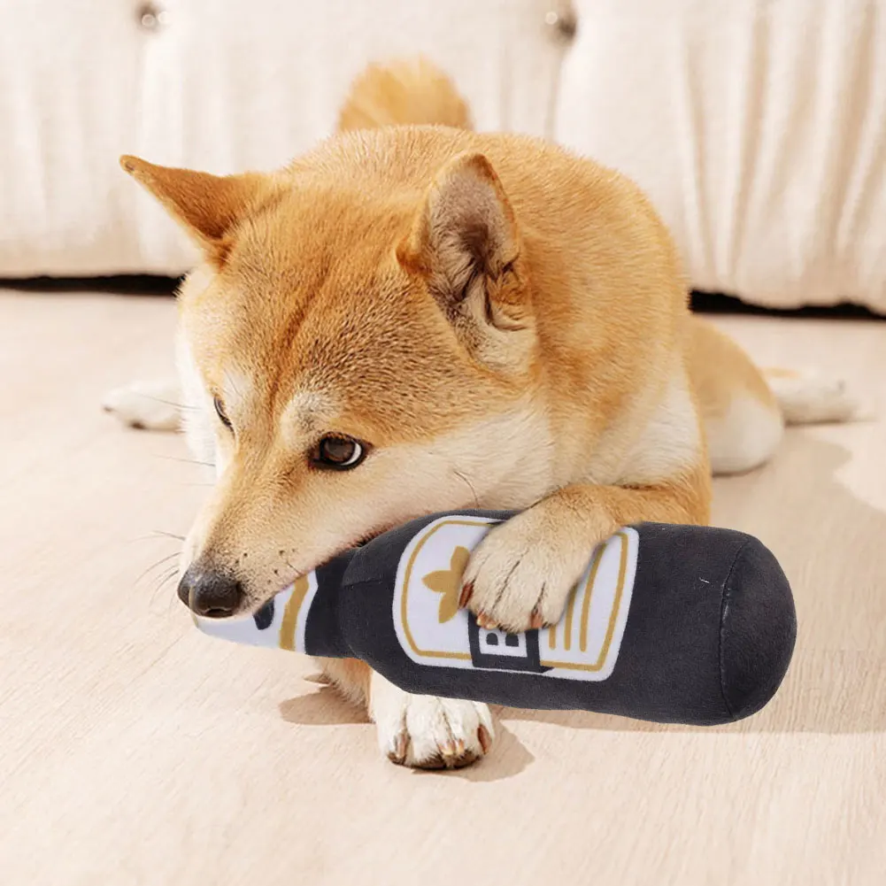 Beer Bottle Squeaky Dog Toy Wine Bottle Plush Dog Toy Teeth Cleaning Squeaky Dog Chew Toy Soft Beer Bottle Shape Toy for Puppies 4