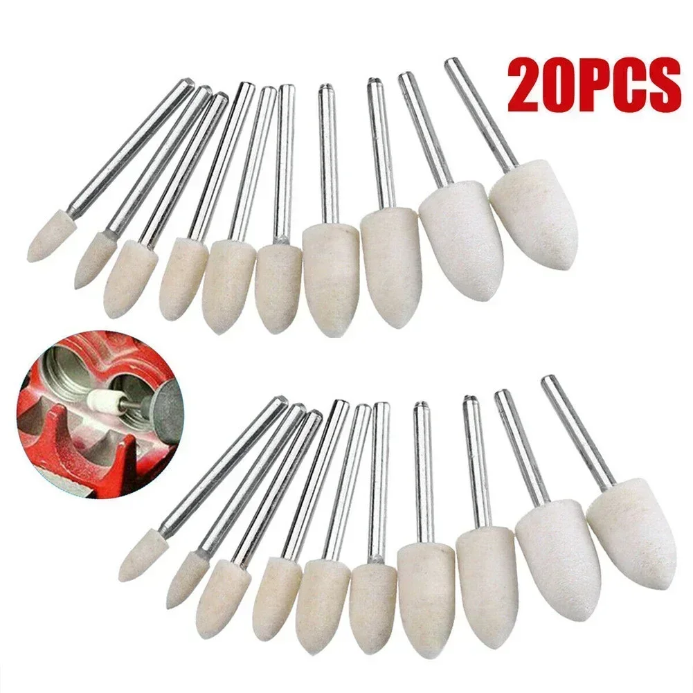 20Pcs Felt Polishing Buffing Pads Wheel Wool Grinding Head 3mm Handle Rotary Tool Kit For Metal Marble Glass Polishing Tool