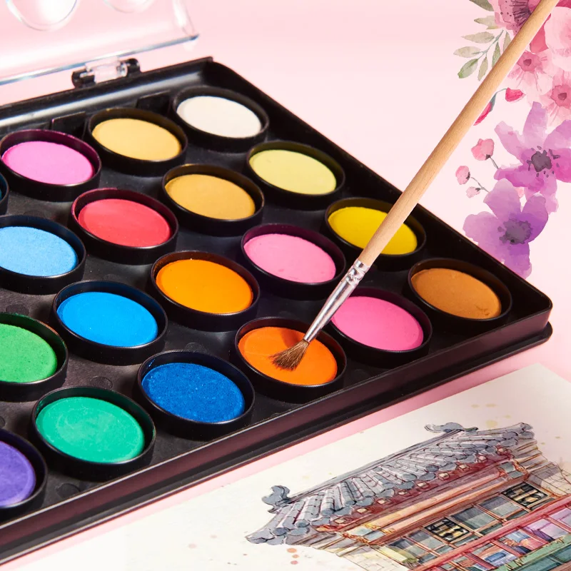 12/16/28/36/48색 고체 수채화 물감 세트 메탈릭 글리터 플라스틱 박스 수채화 물감 세트 학생용