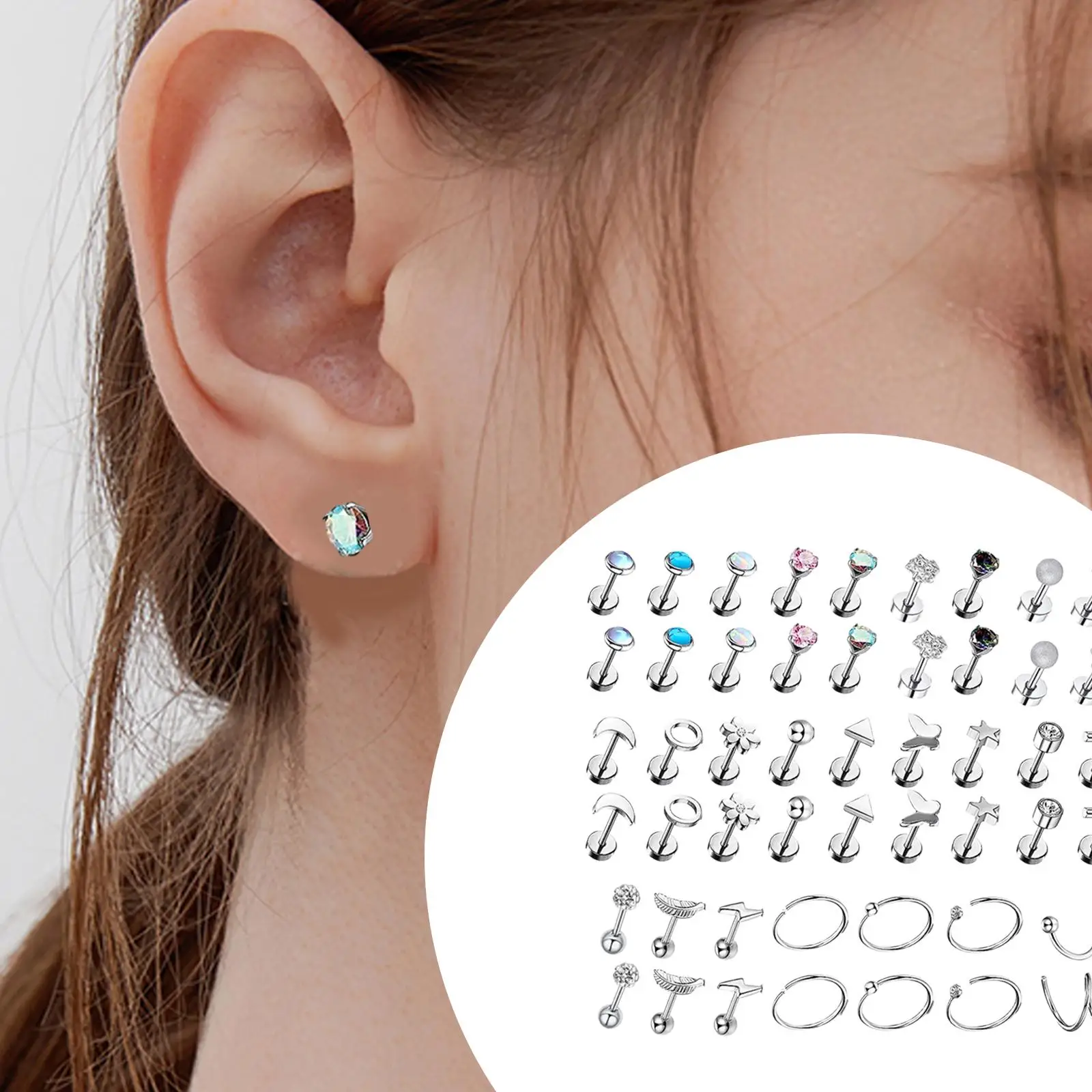 25 Pairs Stainless Steel Stud Earrings Set for Women Men Moon Star Flower Leaf Heart Cartilage Earrings Piercing Jewelry