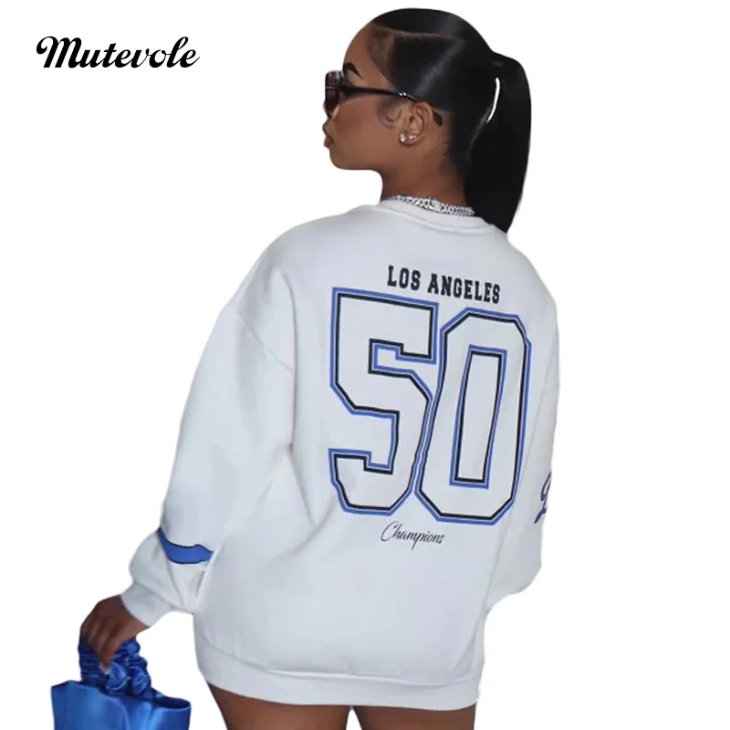 

Women Long Sleeve O Neck Baseball Hoodies Letter Print Loose Pullovers