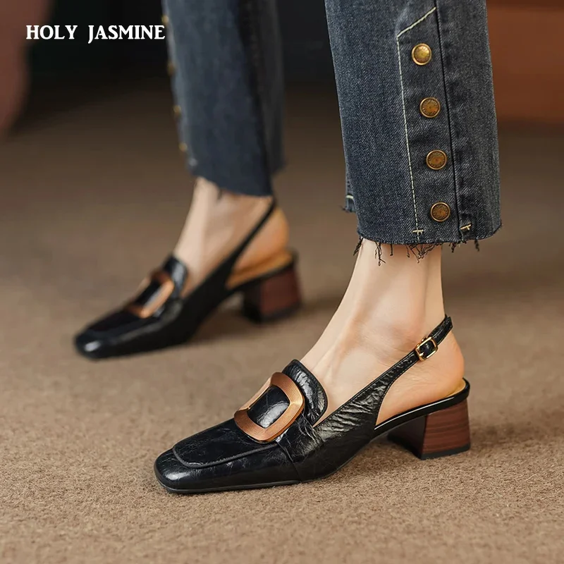 

Elegant Retro Fashion Women Sandals Pumps Spring Summer Office Ladies Party Square Toe High Heels Genuine Leather Shoes Woman