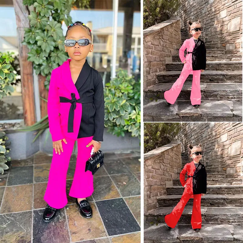 

1 to 8 years Children Clothes Sets 2PCS Patchwork Blazer Coats+Pants Tracksuit Street Style Y2K Trousers Sets For Toddler Girls