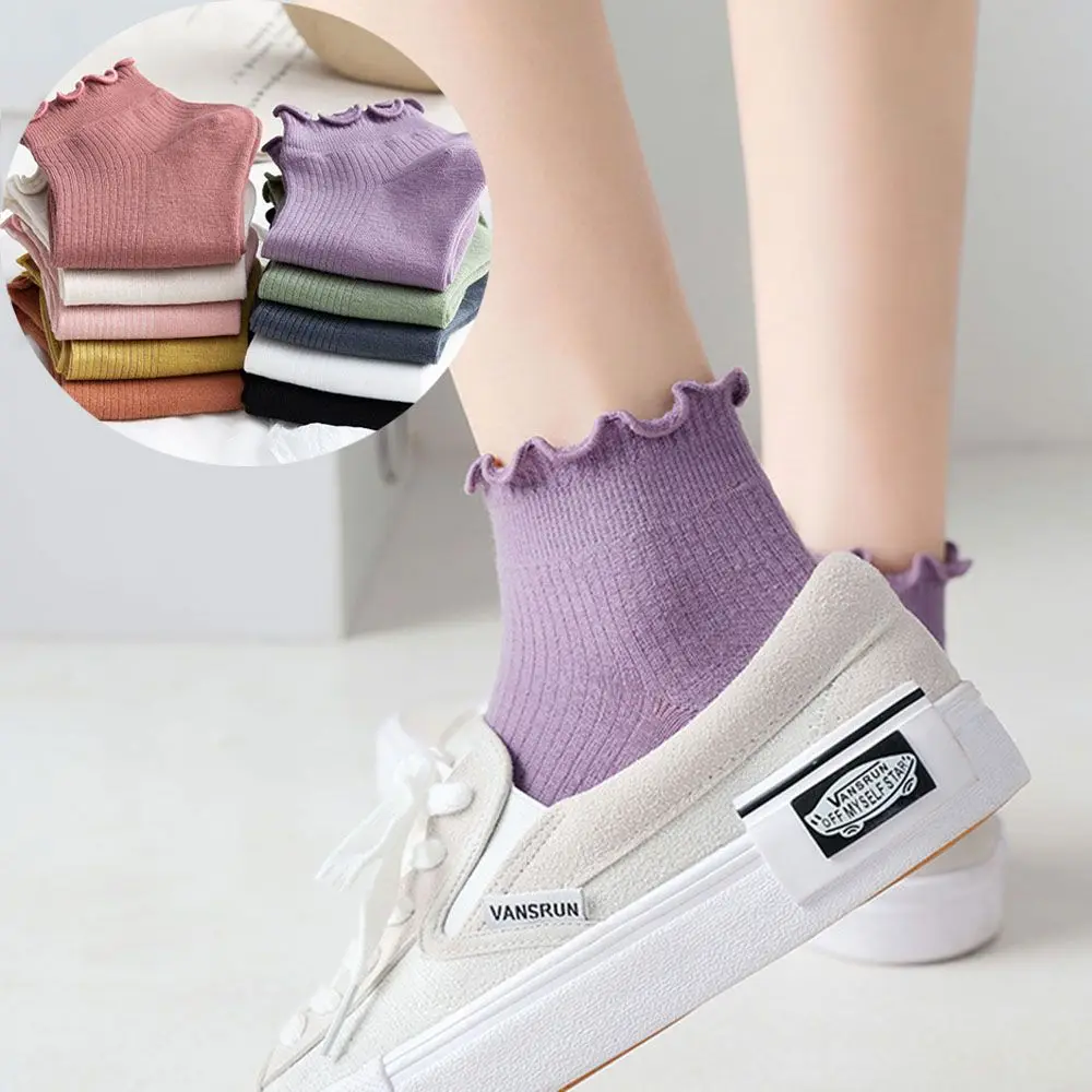 Rüschen Socken Frauen japanische Mode koreanische Ins Stil weiße Kawaii Rüschen Socken für Mädchen lila süße kurze Frau Socke – Detail 1