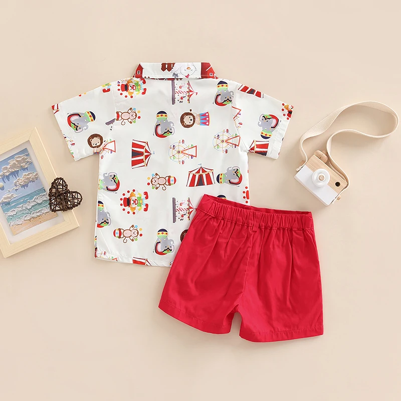 Kids Clothes Toddler Kids Boys 2 Pieces Outfits Farm/Circus Cartoon Animal Print Short Sleeve Shirts Bow Tie + Solid Color Shorts Set