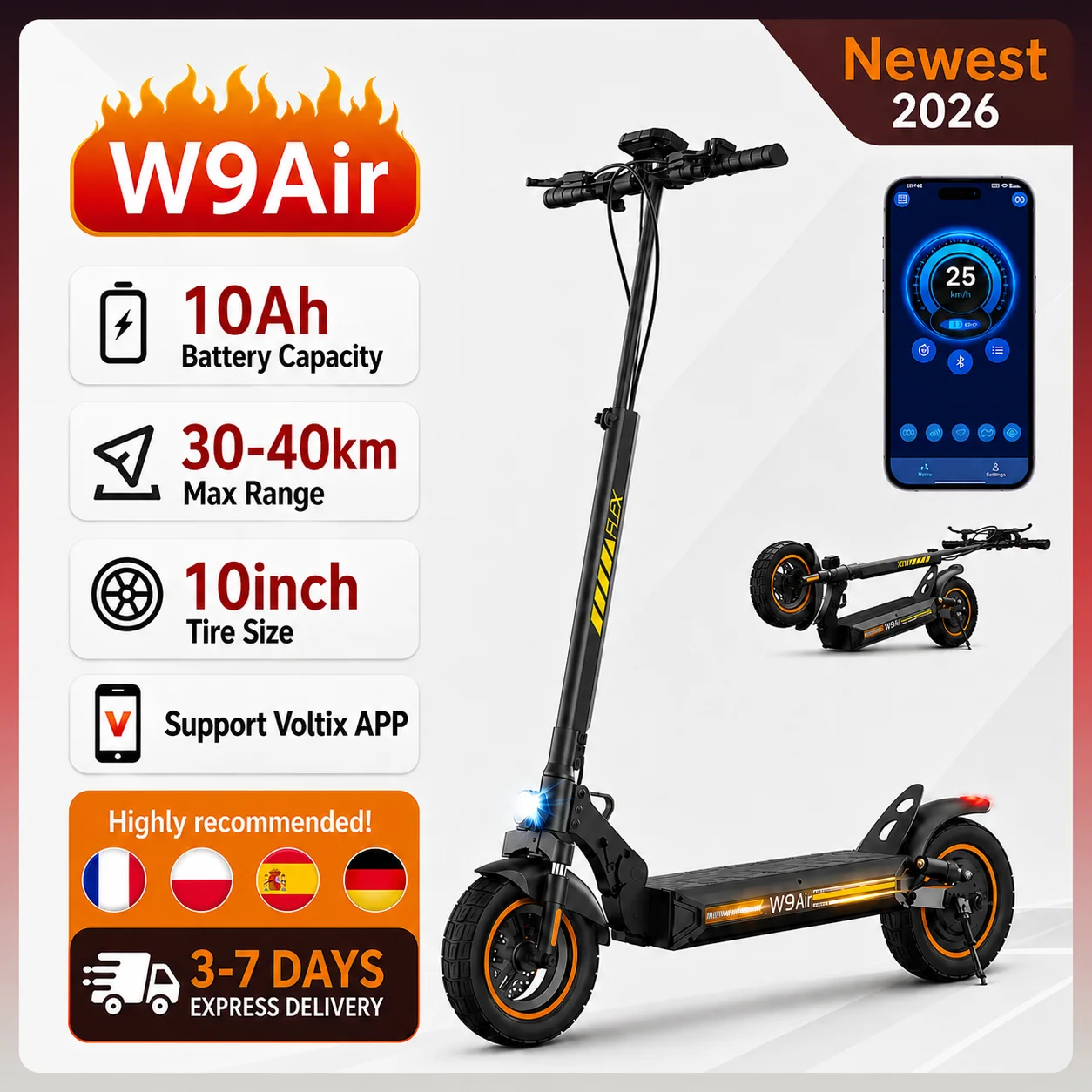Trottinette électrique W9Air IScooter, pneus tout-terrain de 10 pouces, autonomie de 40 km, batterie de 10 Ah, pour adultes, avec application. 1
