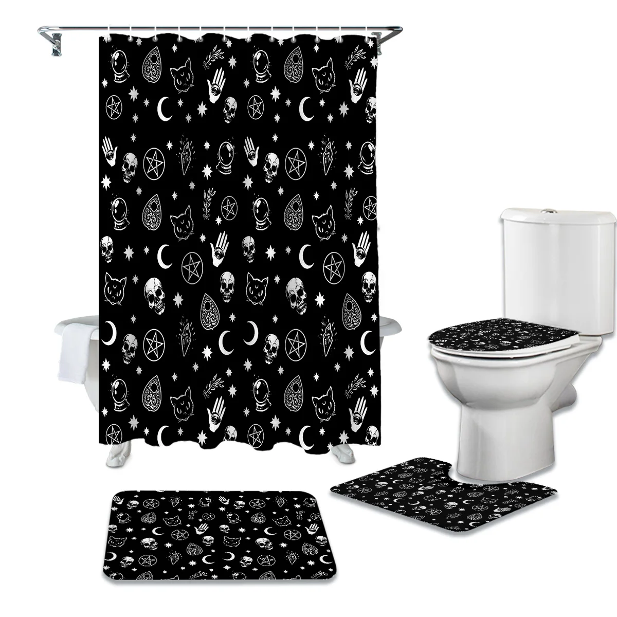 Skull Waterproof Home Shower Curtain Bathroom Non-slip Toilet Cover Mat Rug Set 