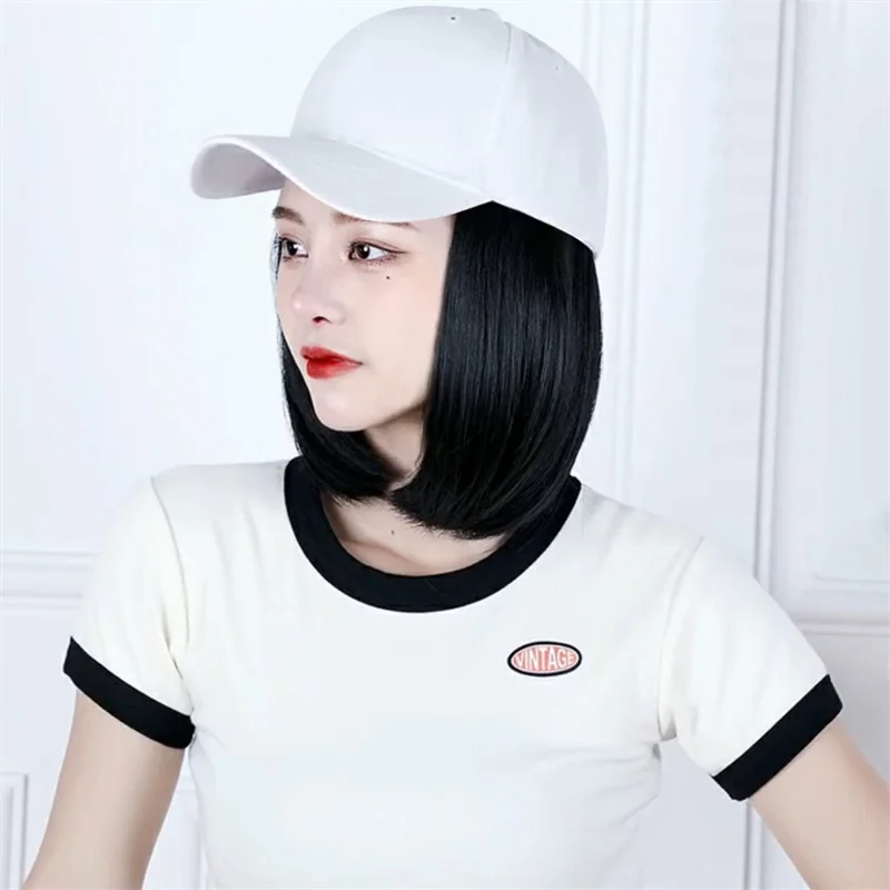 Female Cap With Wig  Adjustable Straps Hair for Girls Camouflage Baseball Cap Short Bobo Wigs