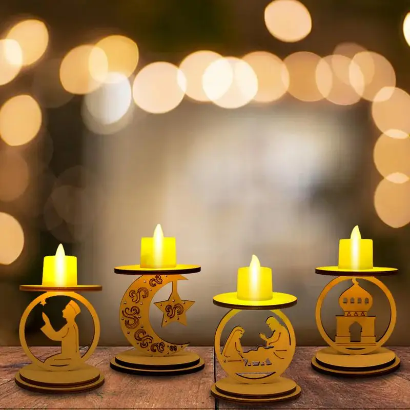

Wooden Eid Decorations Wood DIY Moon LED Candle Stand Electric Candles For Eid Table Night Holiday Home Centerpiece Decor