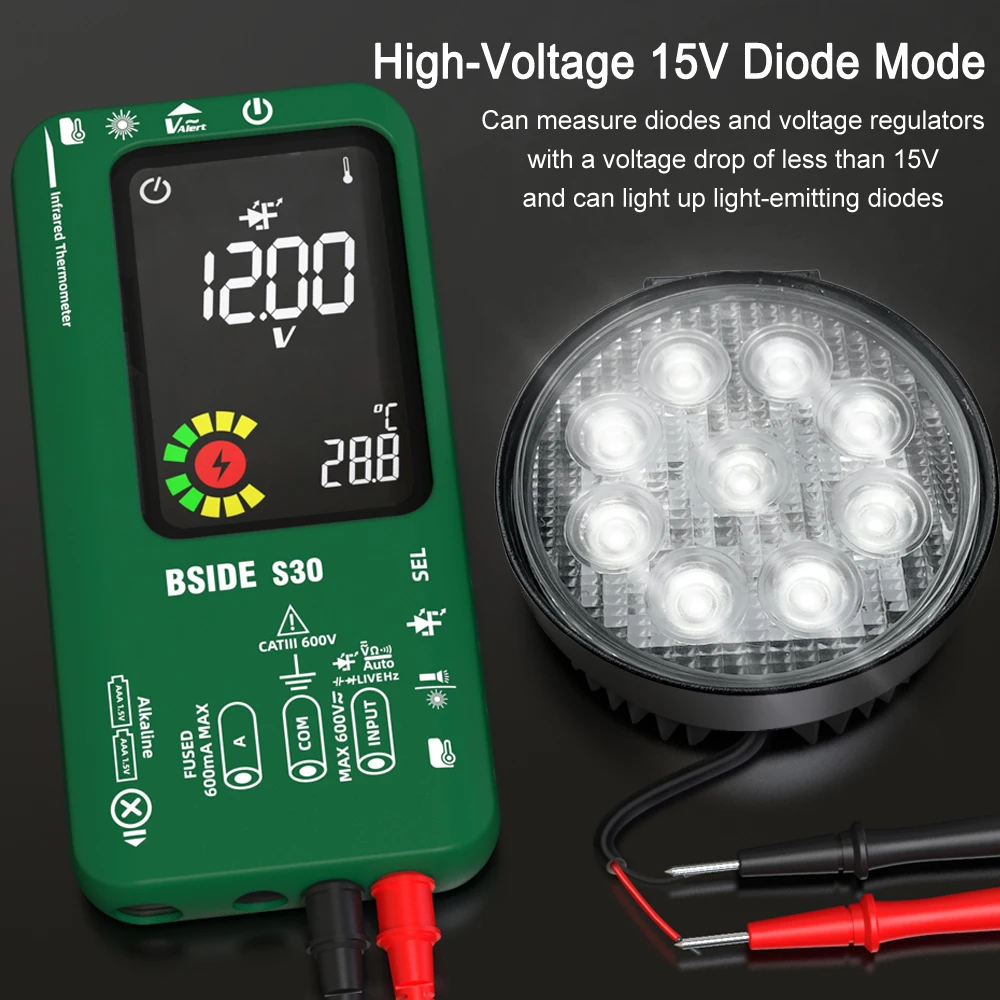 AC Tensão Corrente, 15V Diodo Capacitor, Ohm NCV, USB Recarregável Tester