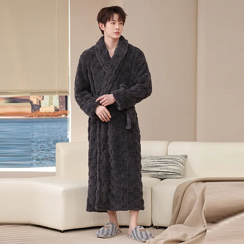 Fall Winter Adult Bathrobe Long Nightgown Winter Coral Velvet Pajamas Extended Thick Morning Gown Flannel Cosy Both Men Women