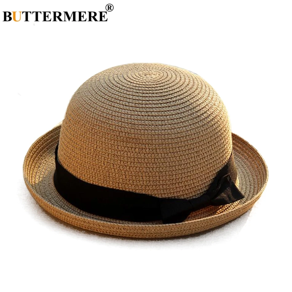 BUTTERMERE Summer Straw Hat White Sun Hats Women Bowler Hat Beach