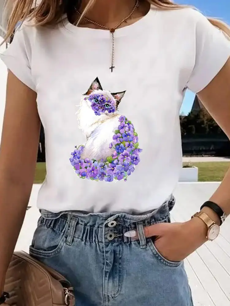 

Футболка женская с коротким рукавом, милый тренд в стиле 90-х с принтом кота и цветов, модная рубашка с графическим принтом, на весну-лето