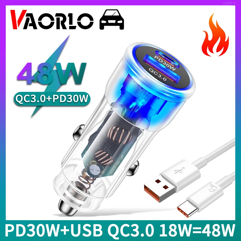 Прозрачное автомобильное зарядное устройство TypeC PD30W + USB QC3.0 18 Вт = 48 Вт Быстрая зарядка PD/PPS для автомобильного прикуривателя Универсальный разветвитель адаптера