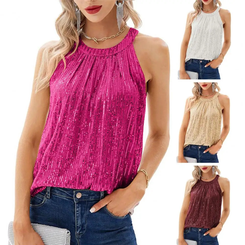 

Sequin Camisole Sequined Halter Top Sequin Halter Neck Off Shoulder Tank Top Blouse for Women Shiny Club Party Wear with Soft