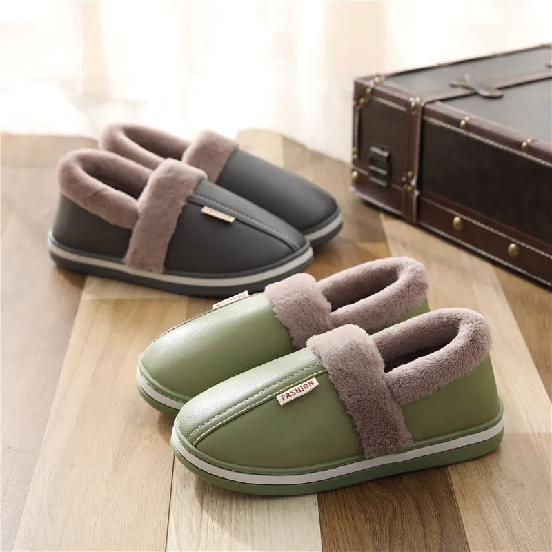 Womens House Slipper Female PU Leather Winter Warm Plush Cotton Indoor Fuzzy Non Slip Room Home Floor Shoes Casual Waterproof