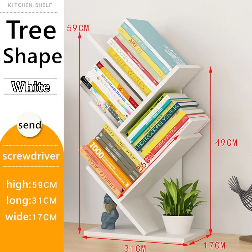4段ツリーブックシェルフ木製本棚–本用フロアスタンディング収納ラック装飾コンパクトシェルフオーガナイザー家庭用オフィス学校用