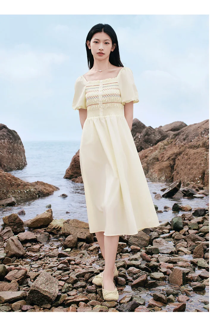 Vestido de mujer con escote cuadrado, mangas abullonadas, corte ajustado y elegante, nuevo vestido de verano divertido y elegante de largo medio.