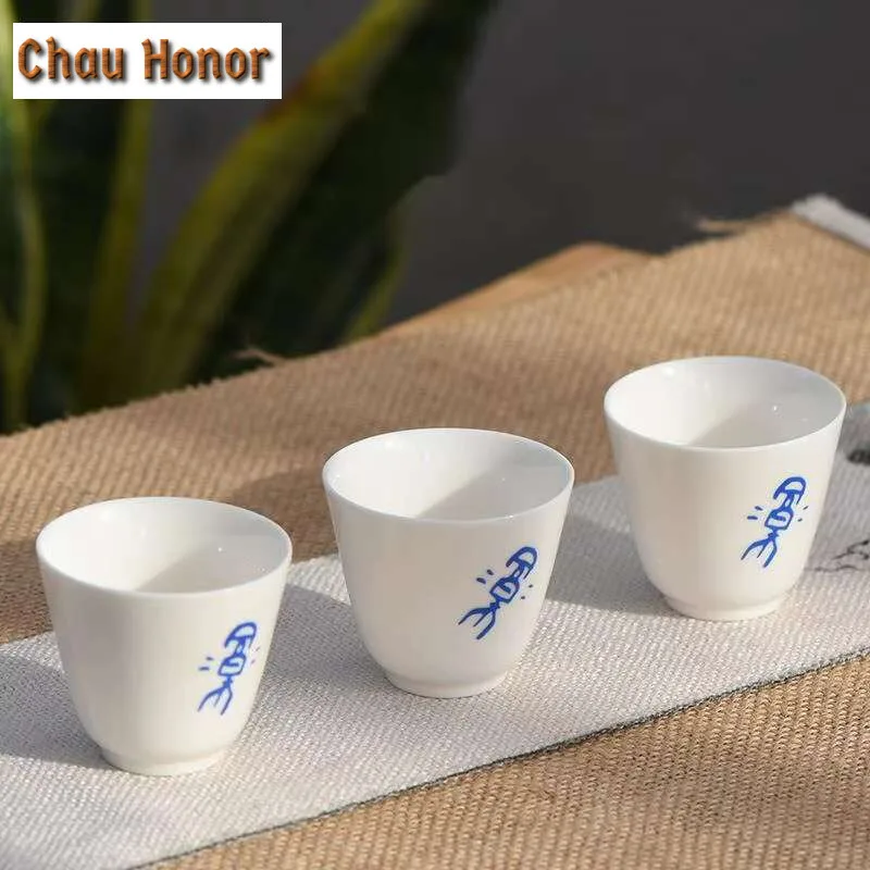 2pc/set Chinese Oracle Bone Inscription Ceramic Teacup Creative Dehua White Porcelain Cup Small Master Cup Kung Fu Teaware 60ml