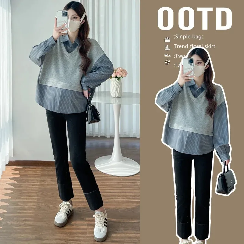 Maternity Outfit Set Autumn Clothing Striped Shirt + Denim Pants Wide Leg Pants Pregnant Women Fashionable Casual Wear