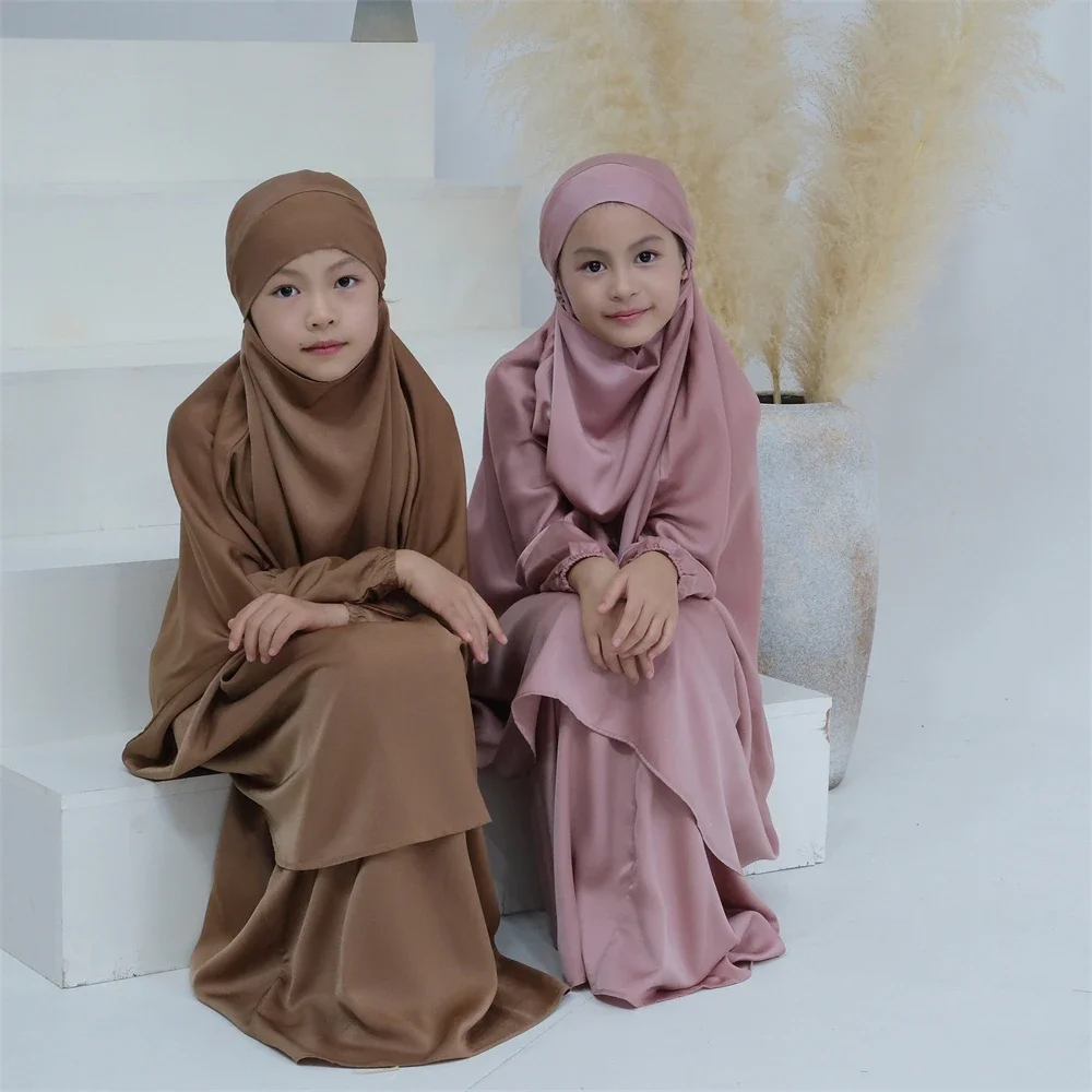 

Kids Jilbab 2 Piece Set Satin Girls Children Prayer Hijab Dress Khimar Abaya + Skirt Ramadan Eid Islamic Clothing Dubai Turkey