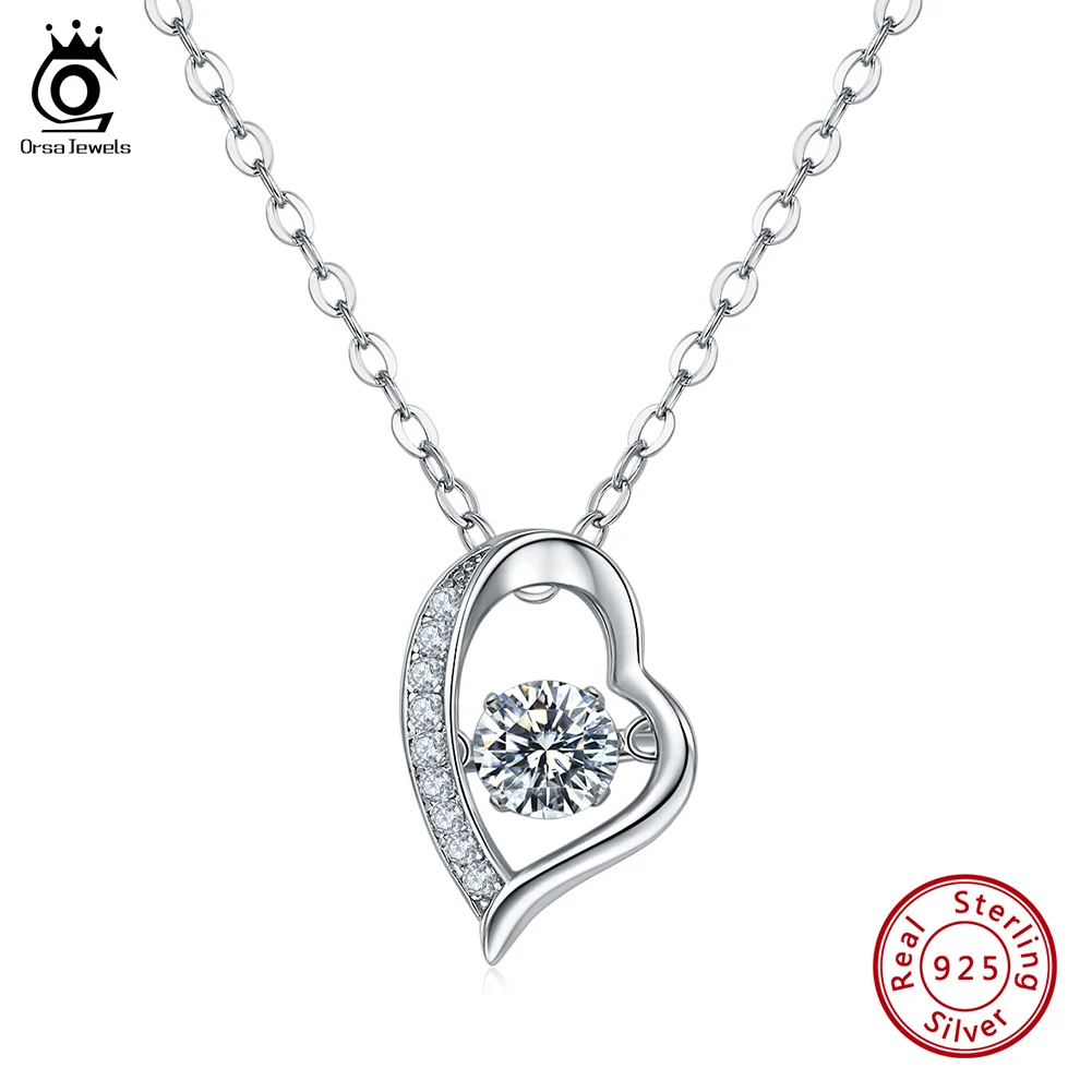 

ORSA JEWELS 925 Sterling Silver Moissanite Heart Pendant Necklace for Women Center Dancing 0.5ct DE VVS Created Diamond SMN43