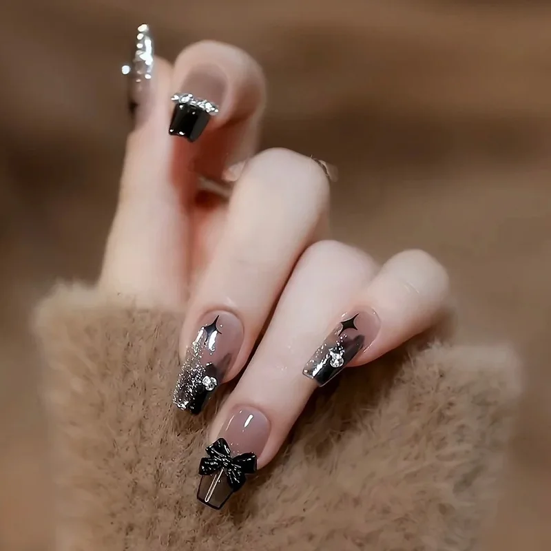 

24pcs Black Bow French False Nail Art For Women 3D Acrylic Fake Nails Removable Press On False Nails With Jelly Glue
