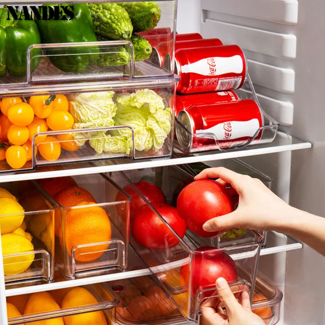 Bacs de rangement pour réfrigérateur, boîte de rangement des aliments empilable avec poignée, outil d'organisation de garde-manger en plastique transparent pour congélateur 1