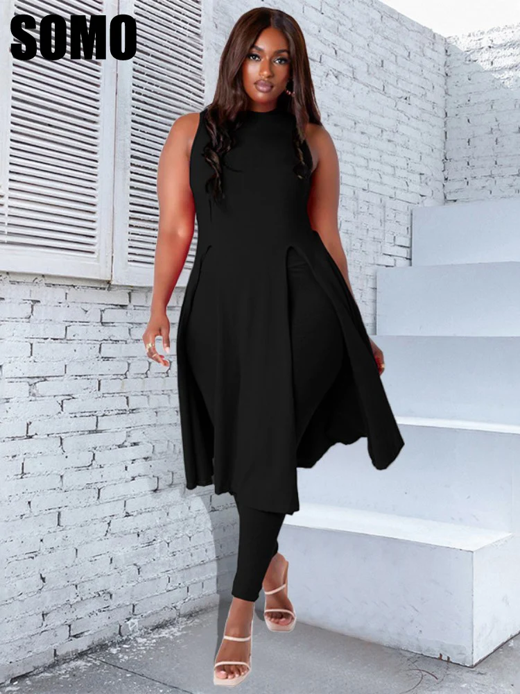 

SOMO размера плюс однотонный Классический женский комплект, верх, прямые брюки, костюм из двух предметов, оптовая продажа, Прямая поставка