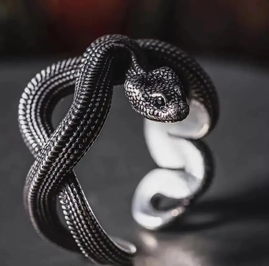 Minimalist Ring Rock Black Color Python Men Ring Vintage Punk Adjustable Ssnake Open Ring For Women Hip Hop Jewelry