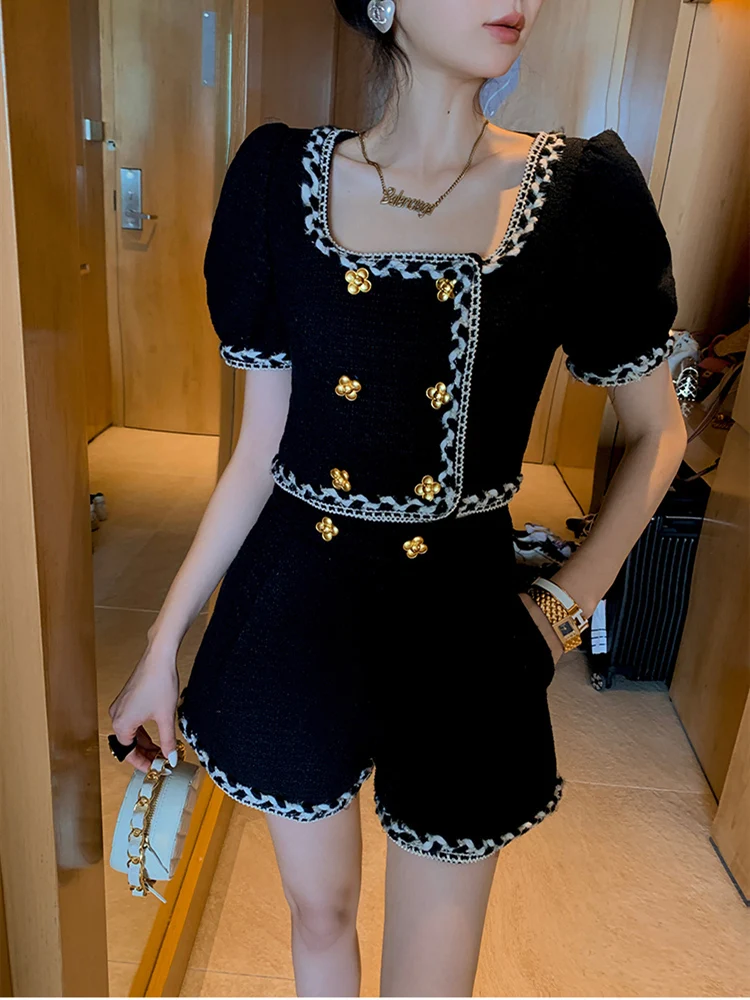 Korean Chic Vintage Tweed 2 Piece Sets Women Outfits Short Sleeve Tweed