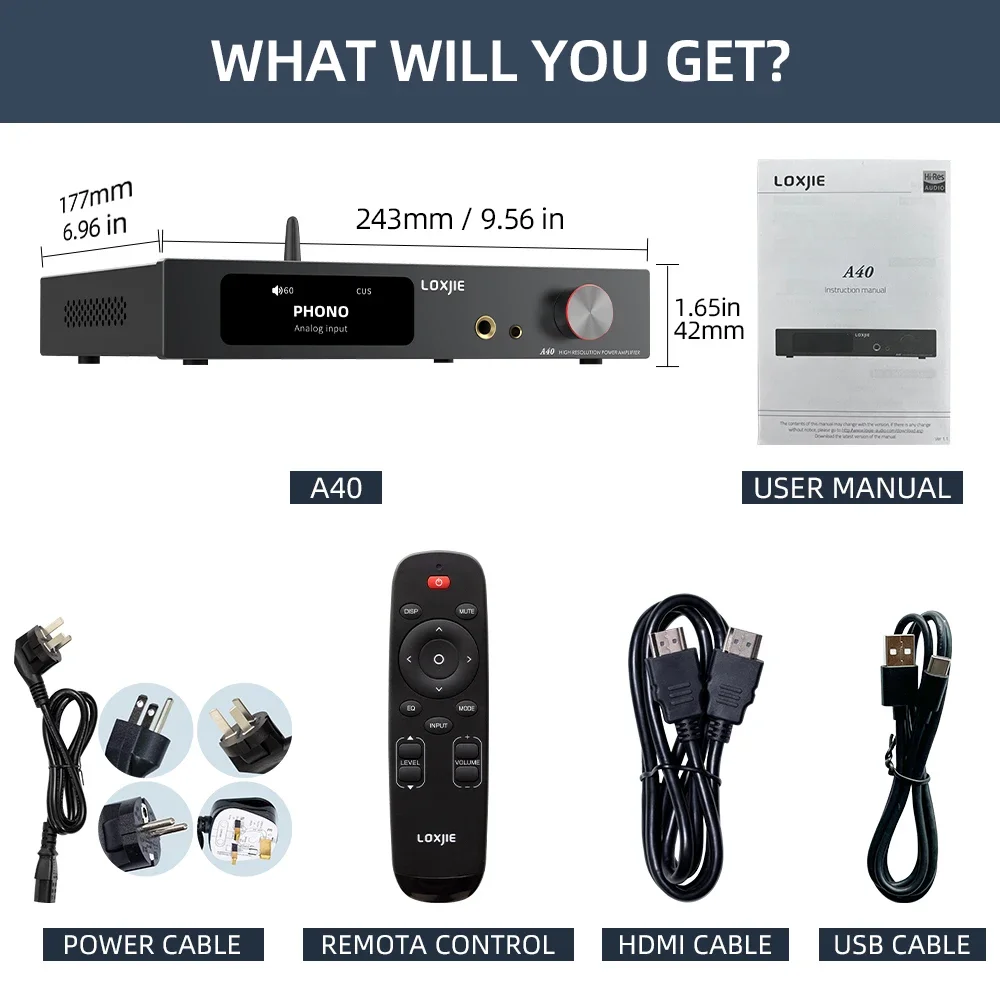 LOXJIE A40 Power Amplifier Headphone Amp 165W X 2 MQA-CD Bluetooth XU-316 DSD256 Optical I2S HDMI ARC PHONO Remote Control 6
