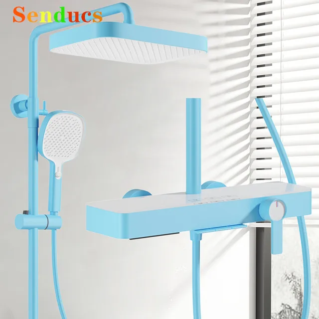 ชุดฝักบัวอาบน้ำแบบเปียโน สีฟ้า พร้อมก๊อกผสมน้ำร้อนน้ำเย็น ทำจากทองเหลืองแท้ ระบบฝักบัวอาบน้ำแบบเปียโน ร้อน-เย็น 1