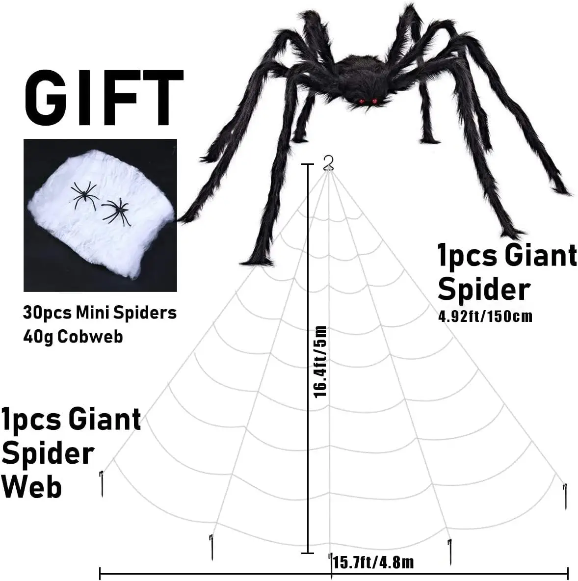 thumbnail image 1 of Araña gigante negra, telaraña triangular de 5 m x 4,8 m, 30 arañas de plástico, telaraña de 40 g para decoraciones de Halloween para interiores y exteriores, 1 of 5