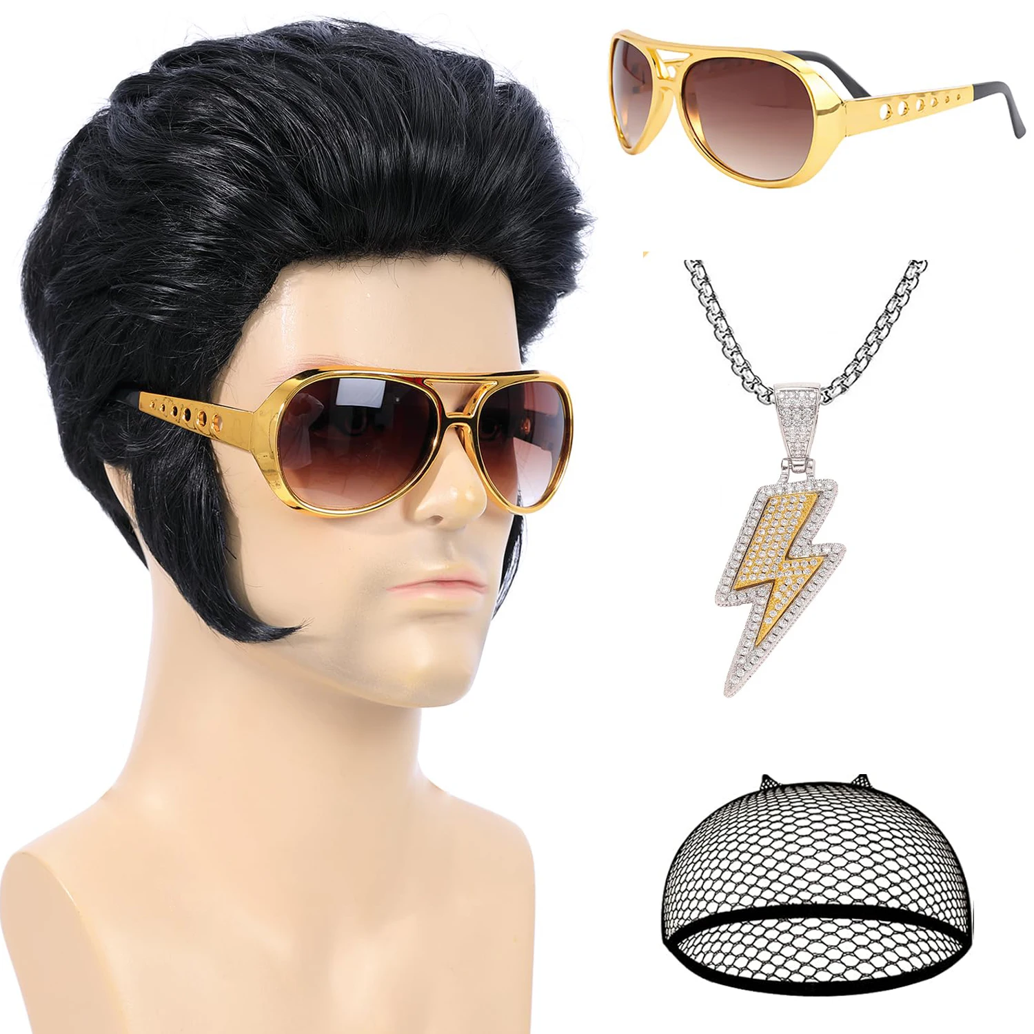 Men's 1950s Disco Party Accessory Set - Black Wig, Glasses, Necklace, and Wig Cap