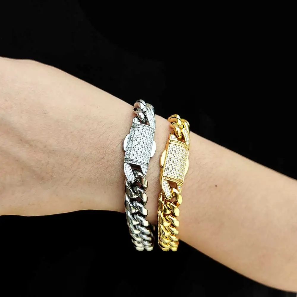 12mm Stainless Steel Miami Cuban Link Chain for Men Durable Gold Plated Solid Curb Cuban Necklace With Iced CZ Clasp