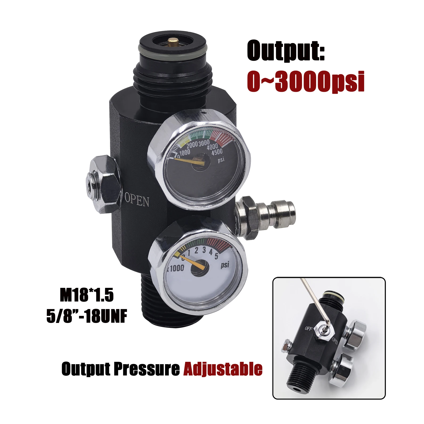 ตัวควบคุม HPA พร้อม Pin Dual Gauge ปรับนิวเมติกเติมสถานี Air วาล์วควบคุมเอาต์พุต 0 ถึง 3000psi M18 * 1.5, 5/8 "-18UNF 1