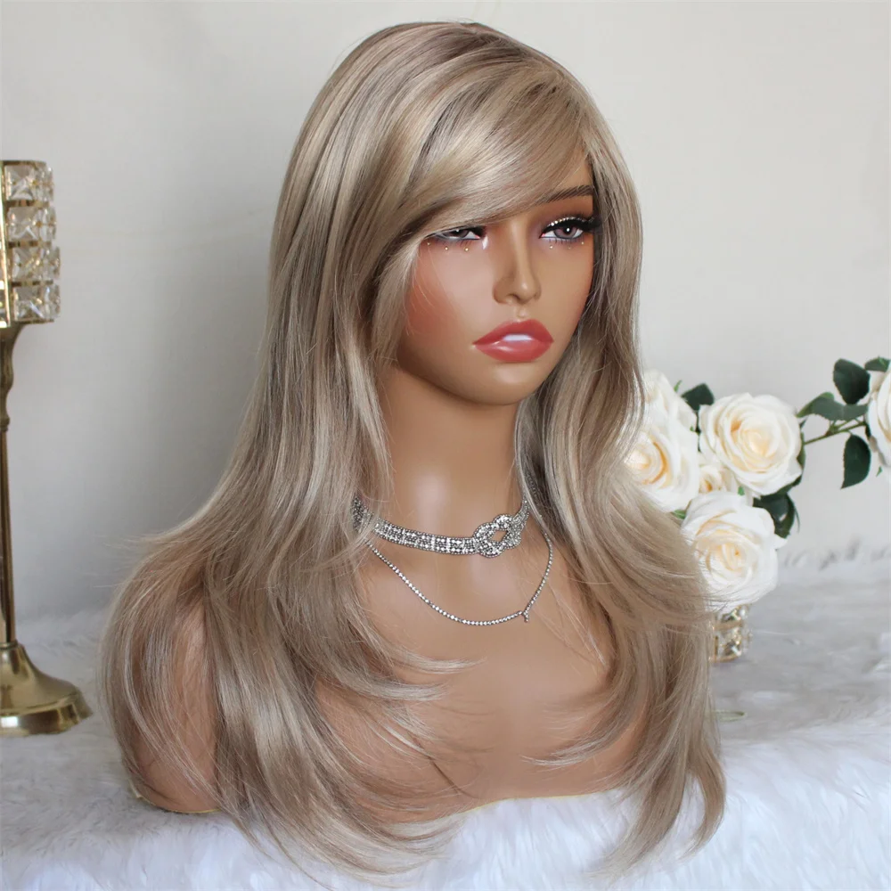 Highlight Brown Lace Wig with Bangs Synthetic Wigs for Women 16inches Natural Straight Machine Made Wig Daily Use