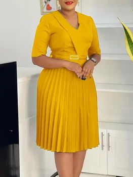New Fashion V Neck Solid Color Pleated African Maxi Dress for Plus Size Women Elegant Evening Gown Petite Formal Dresses Summer 1