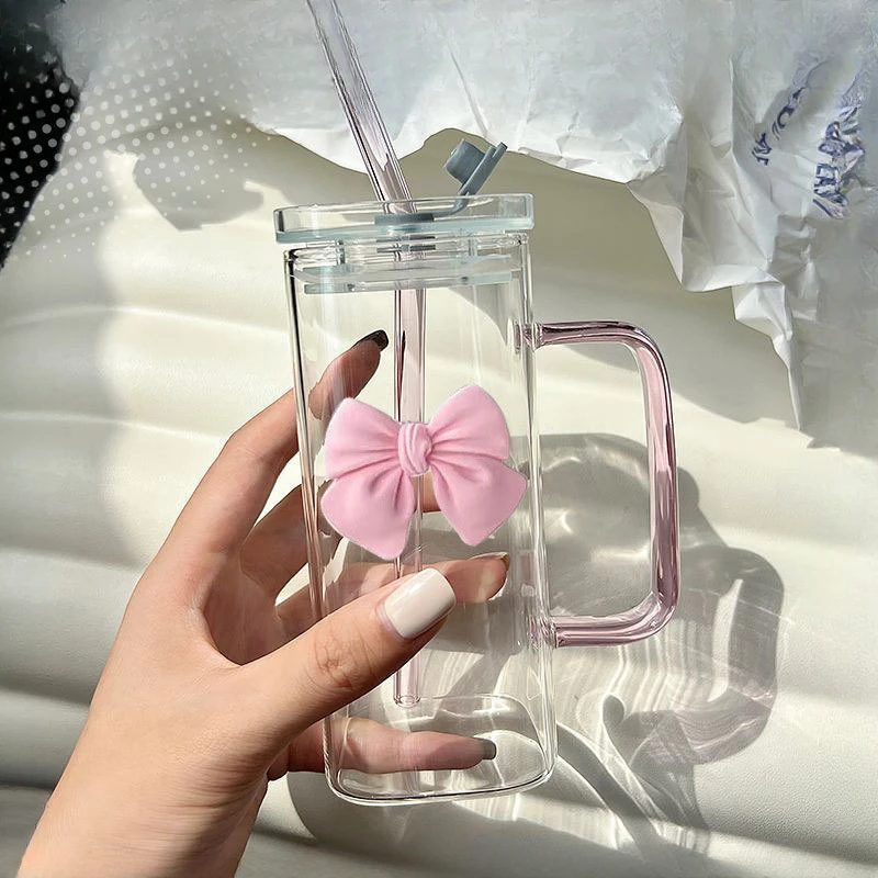 Square bow glass cup, high-value straw, heat-resistant flat bottomed colored cup
