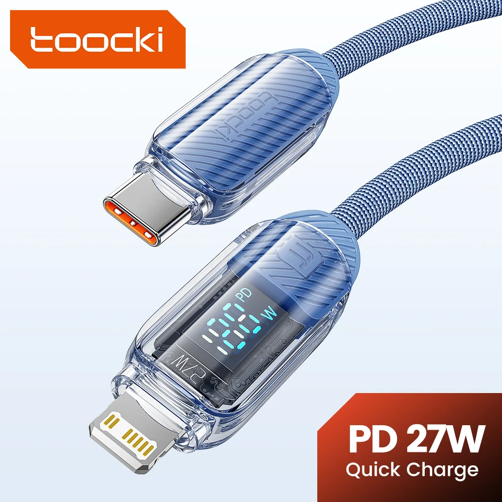 

USB-кабель Toocki с разъемом Lightning для iPhone 14, 13, 12 Pro, Max, XS, XR, 8, 7, 6, PD, 27 Вт, светодиодный дисплей для быстрой зарядки, кабель Type-C с разъемом Lightning